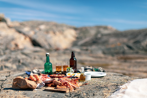 Seafood midsummer picnic out in Gothenburg archipelago.