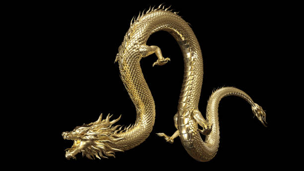 istock Full body gold dragon in bend body pose with 3d rendering include alpha  path. 1227343345