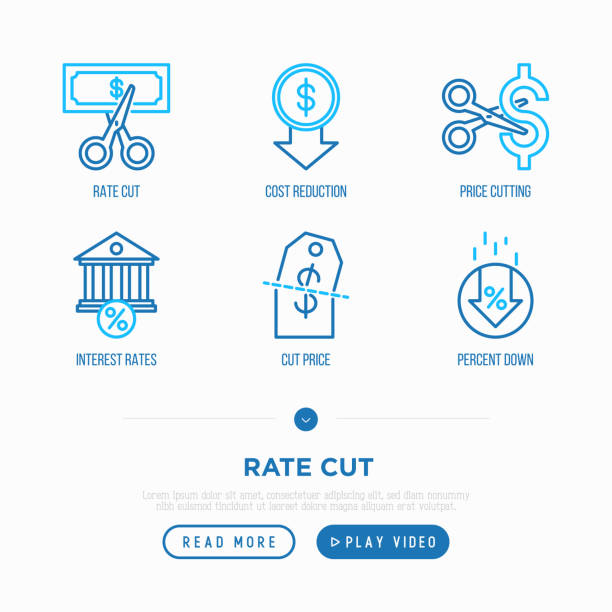 ставка сократить тонкую линию значок набор: снижение цены, снижение затрат, продажа, скидка, получение, процентная ставка. современная вект� - cutting scissors currency dollar stock illustrations