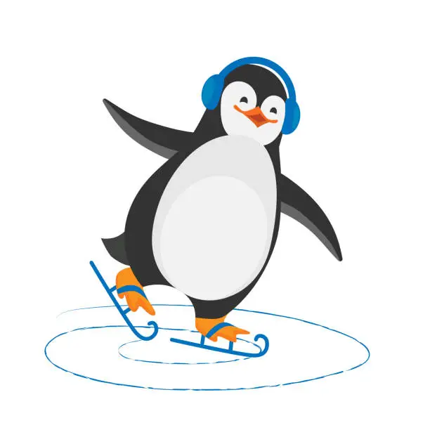 Vector illustration of funny cartoon Christmas penguin is skating on ice