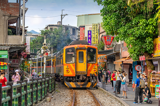 NewTaipei,Taiwan-May 3, 2020:Trains Traveling at Pingxi Line in , New Taipei City, Taiwan