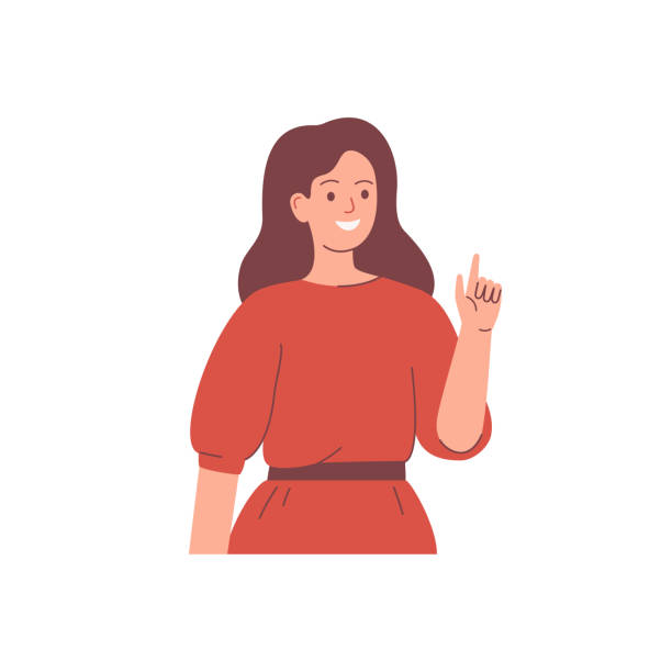 Happy young woman raises her index finger and points for something. Happy young woman raises her index finger and points for something. Presentation concept. Human character vector illustration. one-woman-only stock illustrations