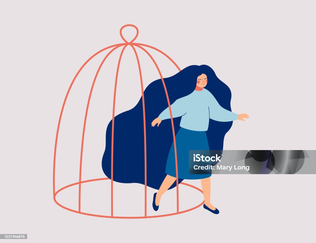 A young woman steps out of the cage. The female character is getting out of a confined space. A young woman steps out of the cage. The female character is getting out of a confined space. Concept of freedom, mental rehabilitation and opening up new opportunities for personal development.Vector Freedom stock vector