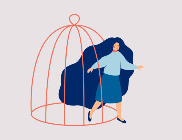 A young woman steps out of the cage. The female character is getting out of a confined space. A young woman steps out of the cage. The female character is getting out of a confined space. Concept of freedom, mental rehabilitation and opening up new opportunities for personal development.Vector prison illustrations stock illustrations