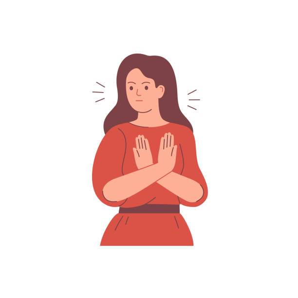 ilustrações, clipart, desenhos animados e ícones de a mulher diz não com o gesto, ela se afasta e cruza as mãos. - protest stop gesture stop sign no