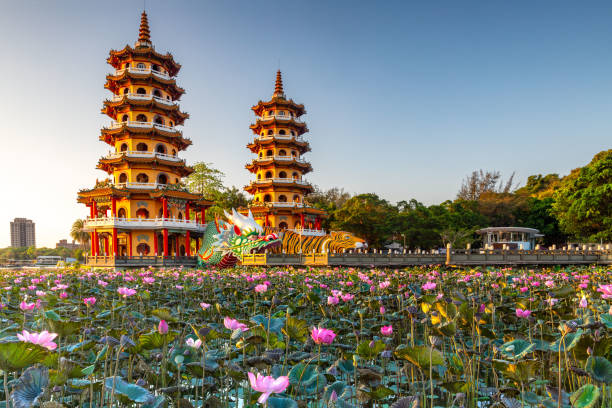 kaohsiung, el dragón del estanque de lotos de taiwán y las pagodas del tigre - confucian fotografías e imágenes de stock