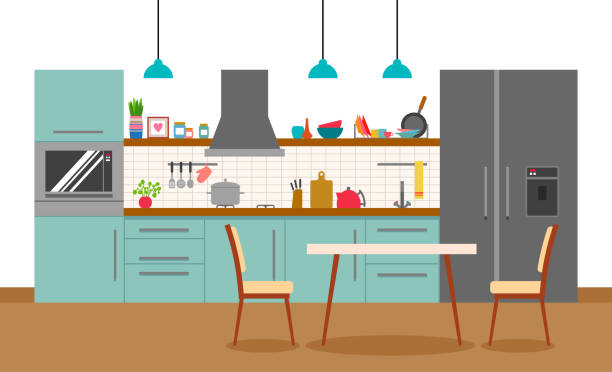 illustrazioni stock, clip art, cartoni animati e icone di tendenza di interno di una cucina - kitchen table
