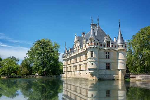 Picturesque castle of Azay-le-Rideau with water reflections, Loire Valley, France