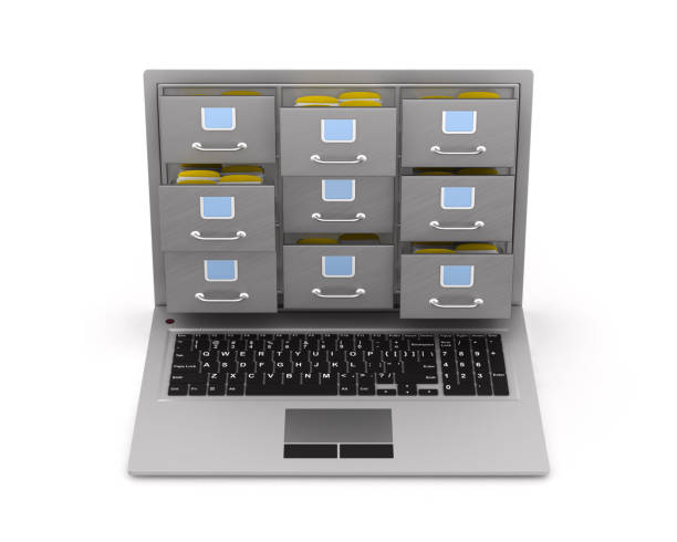 istock laptop with filing cabinet on white background. Isolated 3D illustration 1227349617