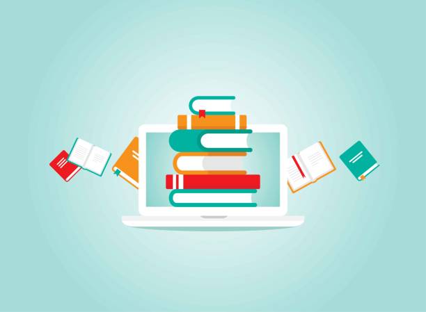 istock white laptop with stack of colorful books. Isolated on powder blue background. 1227353702