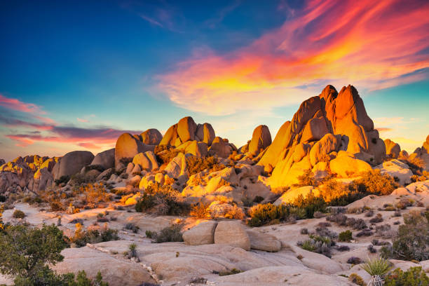 Rocks in Joshua Tree National Park Rocks in Joshua Tree National Park illuminated by sunset, Mojave Desert, California mojave desert stock pictures, royalty-free photos & images