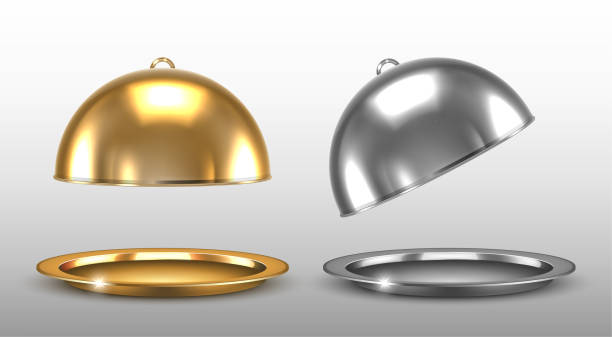 istock Dome for restaurant dishes. Vector realistic golden and silver cloche 1227355237