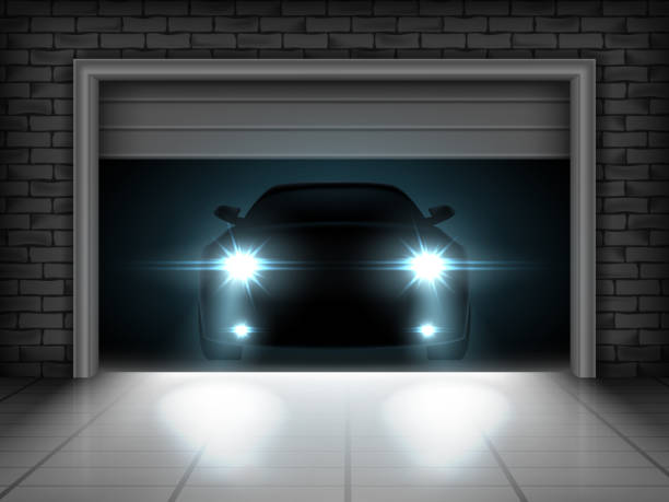 istock Vector illustration of opening garage and car with brightly shining headlights 1227355305