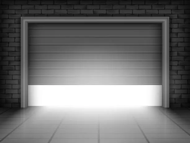 Vector illustration of Vector illustration of garage door in brick wall with bright light inside