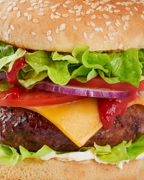 istock Close up Burger, Cheeseburger, Hamburger on a light blue background, copy space. Fast food and barbecue collection. 1227355682