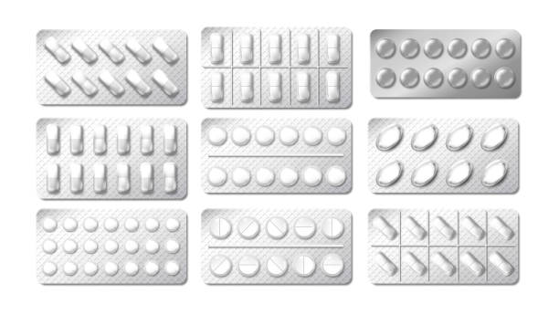 реалистичные 3d наркотиков волдырь упаковки. медицина обезболивающие таблетки pack. иллюстрация химической таблетки витамина или обезболива - pill container stock illustrations