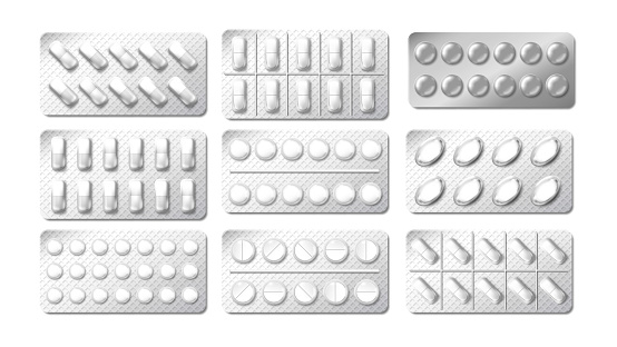 Realistic 3d drugs blister packaging. Medicine painkiller pills Pack. Illustration of chemical tablet vitamin or painkiller in blister isolated on white. Vector EPS 10