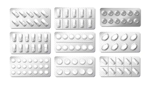 Vector illustration of Realistic 3d drugs blister packaging. Medicine painkiller pills Pack. Illustration of chemical tablet vitamin or painkiller in blister isolated on white. Vector