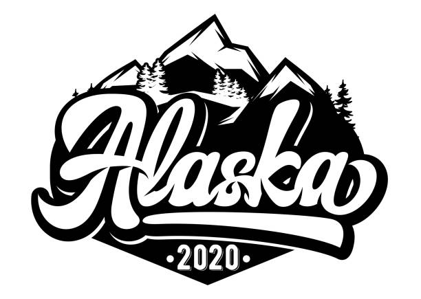 Vector template for badge with mountains and inscription - Alaska. Monochrome illustration.