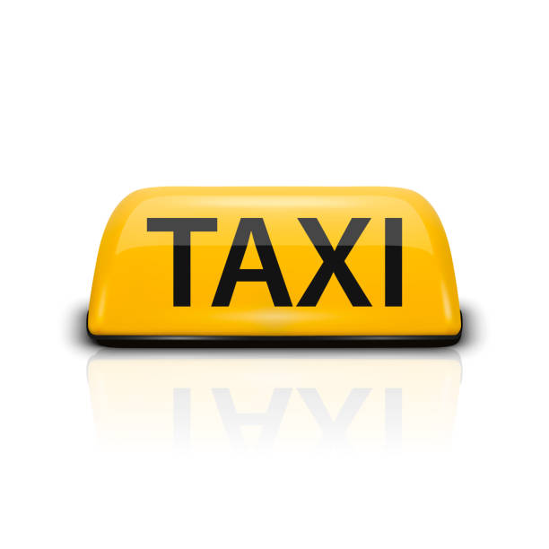 istock Vector 3d Realistic Yellow French Taxi Sign Icon with Reflection Closeup Isolated on White Background. Design template for Taxi Service, Mockup. Front View 1227356835