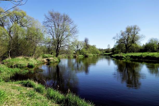 istock Rural landscape in May with a river and trees just springing into leaf 1227357261
