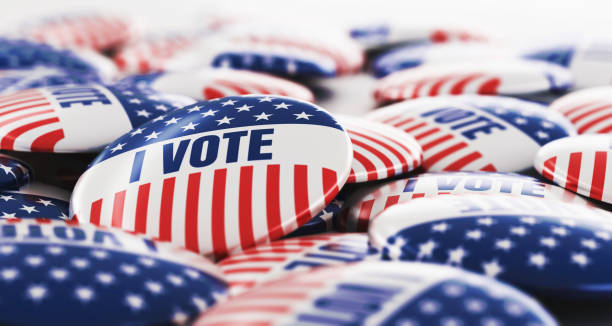 3d rendering stapel von abstimmungs-button-abzeichen. - voting election usa american culture stock-fotos und bilder