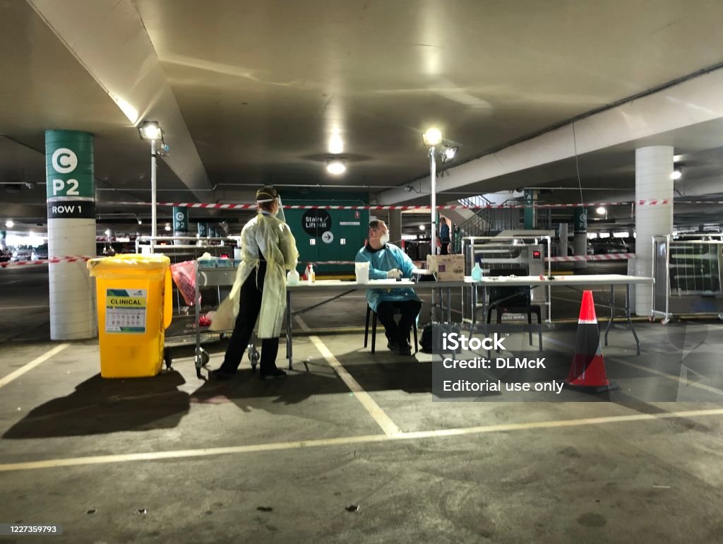 COVID19 Drive through testing May 27th 2020, Melbourne Australia - A mobile testing site for COVID19 set up in the carpark of Chadstone shopping centre, to help stop the spread of Coronavirus in Victoria. Australia Stock Photo