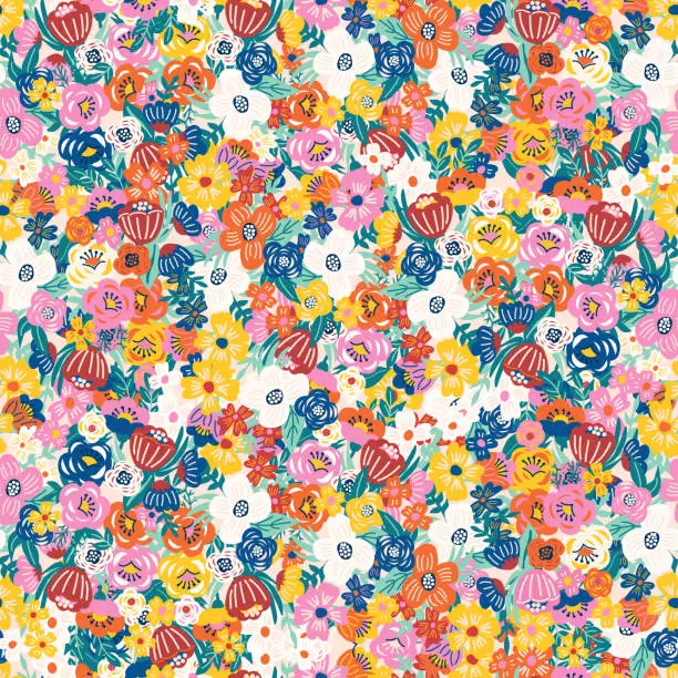 Vector illustration of Liberty flower pattern. Seamless vector floral background. Blooming midsummer meadow design for fashion, wallpapers, print. A lot of different flowers on the field. Liberty style millefleurs.