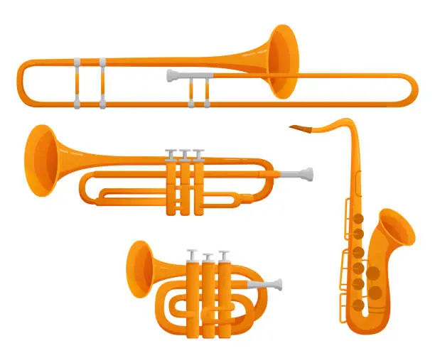 Vector illustration of Set of musical instruments trombone, trumpet, saxophone,oboe.