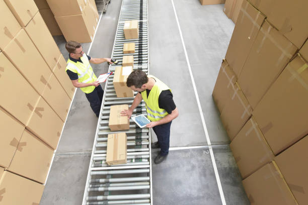 istock Worker in a warehouse in the logistics sector processing packages on the assembly line  - transport and processing of orders in trade 1227359992
