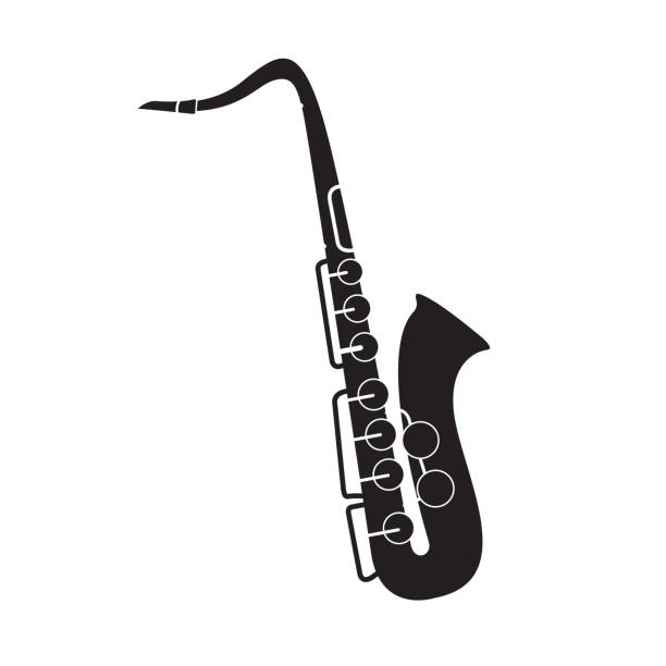サキソフォン楽器。白い背景に黒いシルエットが隔離されています。 - trumpet musical instrument jazz brass instrument点のイラスト素材／クリップアート素材／マンガ素材／アイコン素材