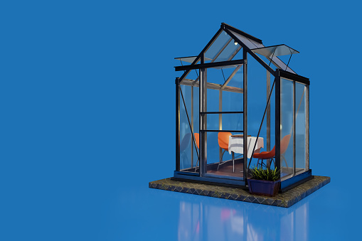 3d rendering of outdoor decoration of the small glasshouses for dinner, isolated on pale blue background.