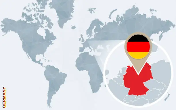 Vector illustration of Abstract blue world map with magnified Germany.