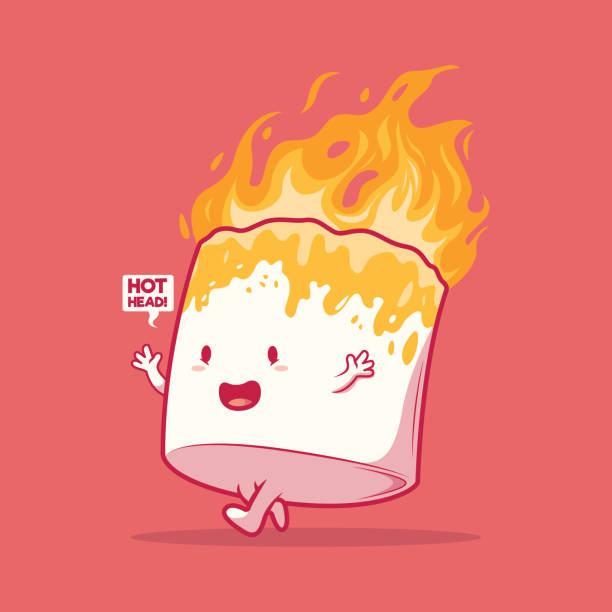 Marshmallow Character on fire vector illustration. Camping, travel, outdoors, food design concept hiking snack stock illustrations