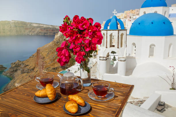 istock Morning tea and croissants on the Santorini 1227363602