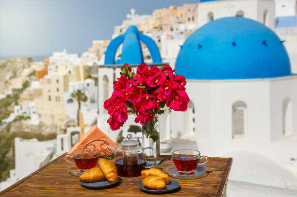 istock Morning tea and croissants on the Santorini 1227363622