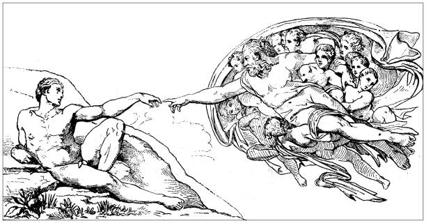 ilustrações de stock, clip art, desenhos animados e ícones de antique illustration: the creation of adam by michelangelo - michelangelo