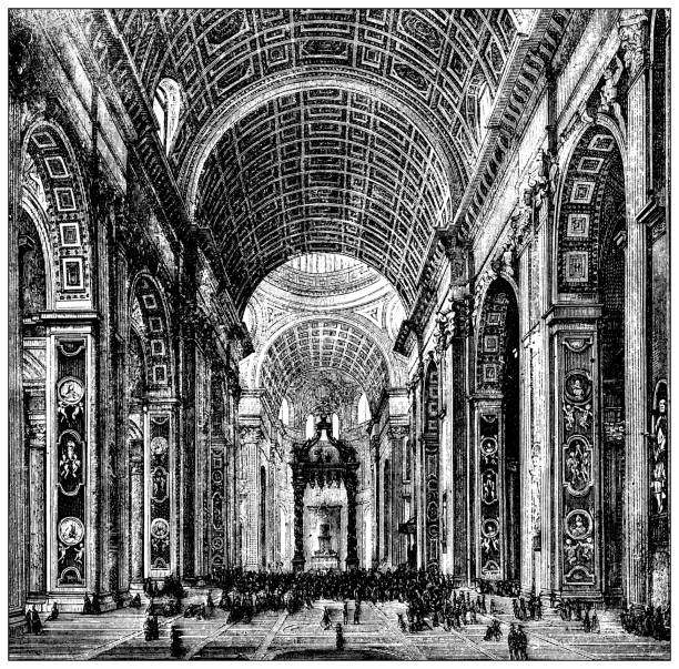 앤티크 일러스트: 세인트 피터스 내부, 로마 - style st peters basilica travel destinations architecture stock illustrations