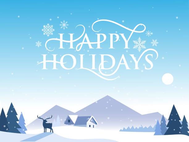 Happy holidays design poster Happy holidays design poster vector illustration. Greeting postcard with snowy picturesque mountains, trees, snowflakes and magic deer. Merry Christmas concept happy holidays short phrase stock illustrations