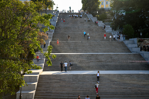 Europe, Ukraine, Odessa. Stairway leading to the statue of the Duke of Richelieu facing the sea in Odessa.