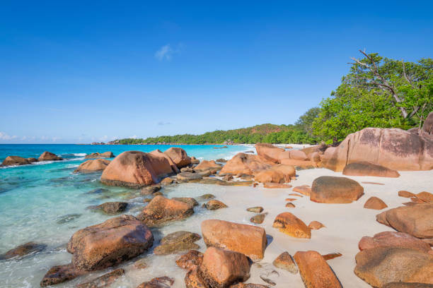 istock Tropical beach Anse Lazio with typical mighty granite rock formations and palm trees on Praslin island , Granitic Seychelles , archipelago country in the Indian Ocean 1227370321