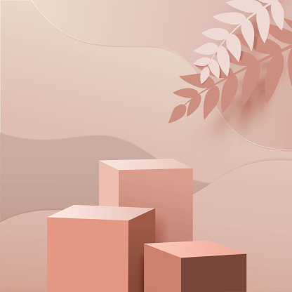 minimal scene with geometric forms. box cube podiums in cream background with paper leave on column. Scene to show cosmetic product, Showcase, shopfront, display case. 3d vector illustration.