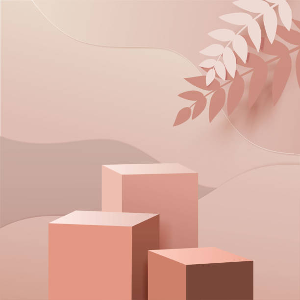 Abstract geometric mock up podium minimal scene with geometric forms. box cube podiums in cream background with paper leave on column. Scene to show cosmetic product, Showcase, shopfront, display case. 3d vector illustration. beauty display stock illustrations