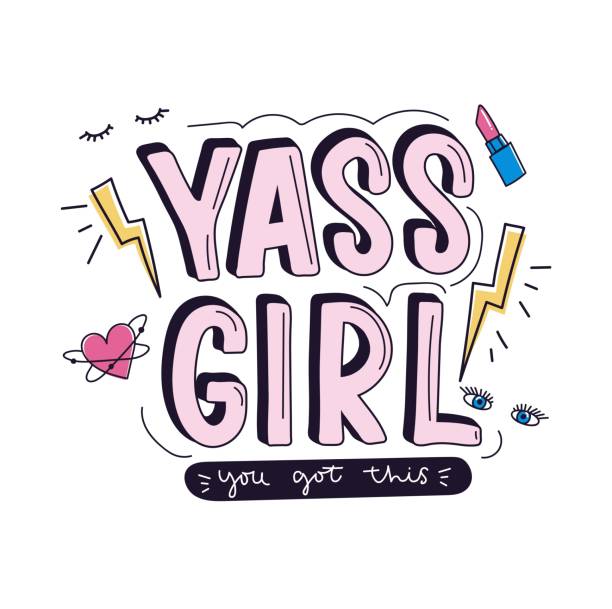 Yass girl you got this inspirational design with doodles for greeting cards, prints, textile etc. Motivational girl quote with thunder, heart, eyes, lashes and lipstick isolated on white background. Yass girl you got this inspirational design with doodles for greeting cards, prints, textile etc. Motivational girl quote with thunder, heart, eyes, lashes and lipstick isolated on white background. girl power stock illustrations
