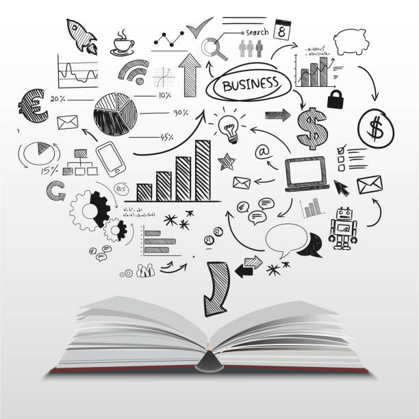 istock Business education concept book for successful careers and knowledge, opened book with coming out symbols. Vector illustration flat design 1227379657