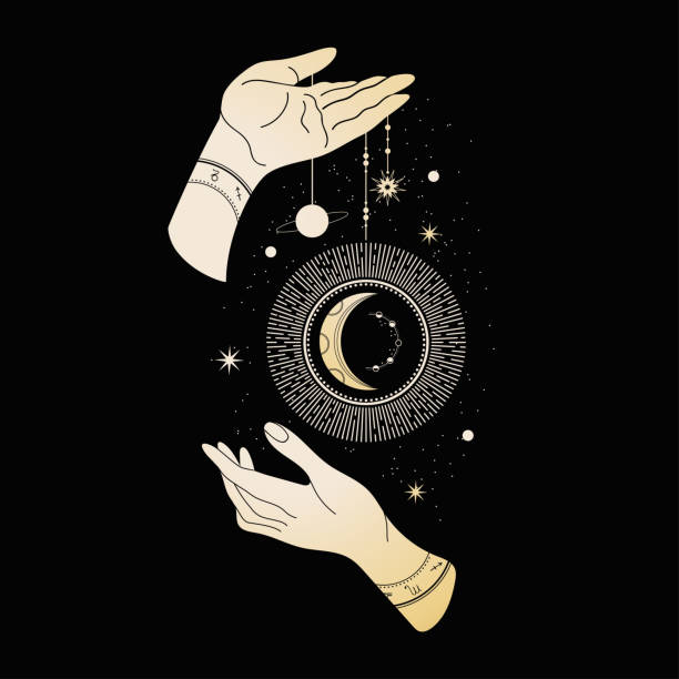 istock Magical hands. Two hands, the sun, crescent, stars and moon phases. 1227380431