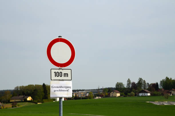 Closed border checkpoint between Germany and Austria showing because of Covid-19