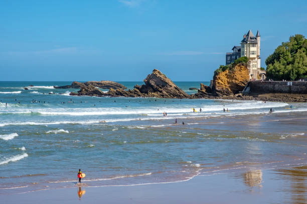 Biarritz, France - May 21, 2020: popular surfing spot at the resort town on the Atlantic coast.