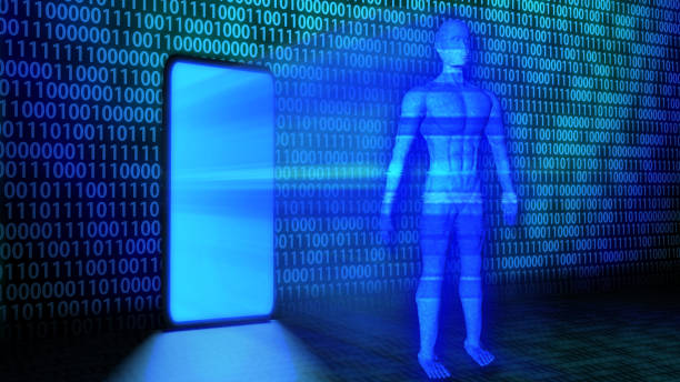 istock 8K 3D Rendered AI/Human Hologram projected from Smartphone leaning against the wall with Randomized Binary Code Background in blue color 1227384081