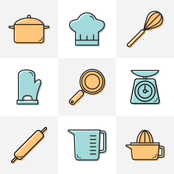 ilustraciones, imágenes clip art, dibujos animados e iconos de stock de icono de cocina - wire whisk symbol computer icon spatula